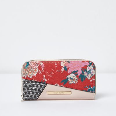 Girls red and pink floral zip around purse